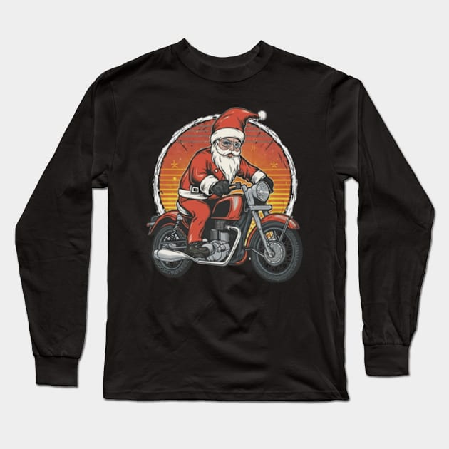 Santa Claus on a vintage motorcycle,target team member, dart lover, bullseye, bullseye shop, target team member new, christmas  for kids, red, target employee, retail, employees, dartboard, fulfillment, funny dog, cute puppy Long Sleeve T-Shirt by designe stor 